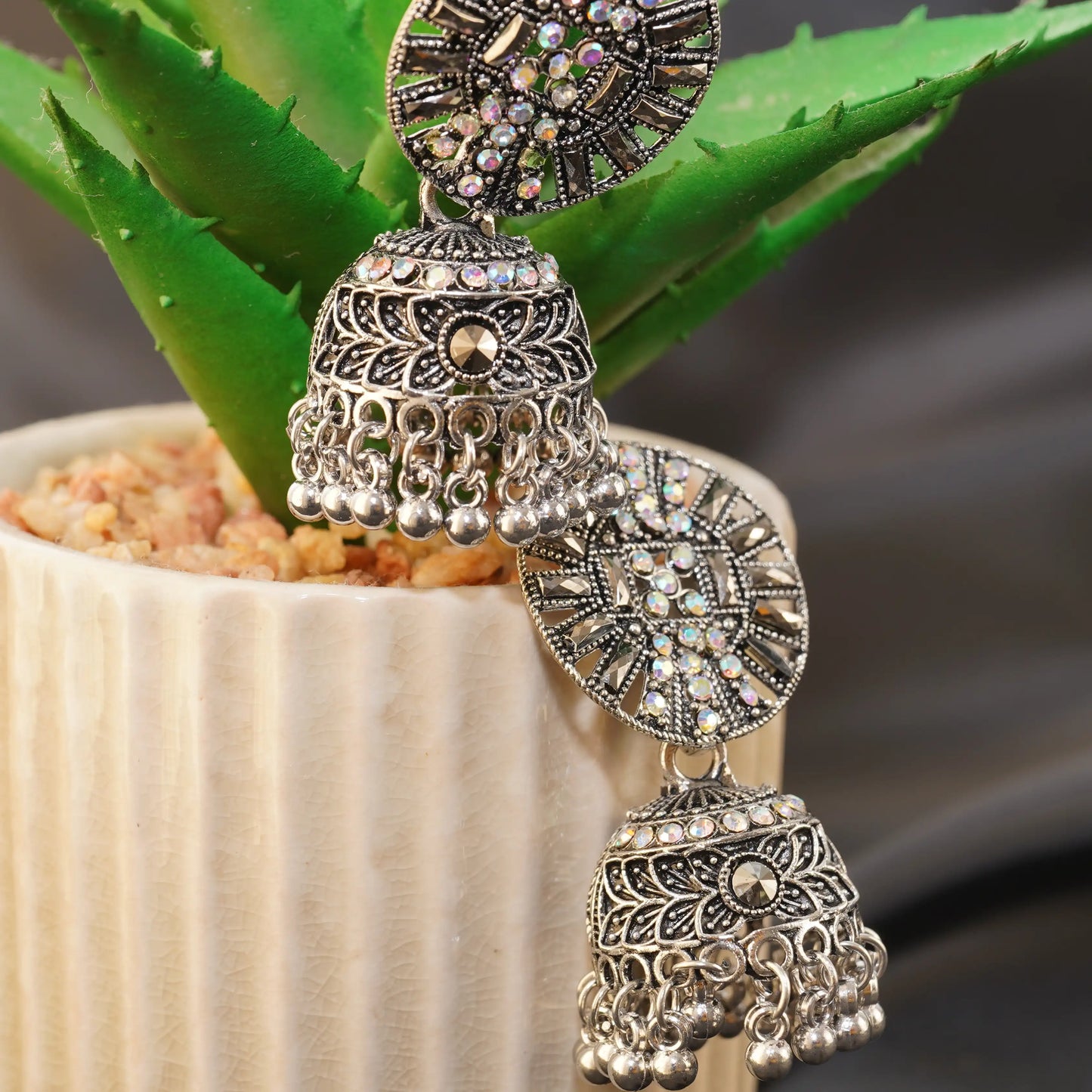 Silver Jhumka stones embedded