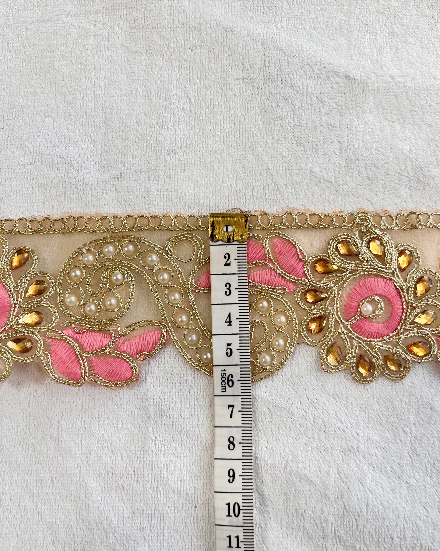 Golden Zari Lace with Intricate design With Baby Pink Silk thread And White Pearl