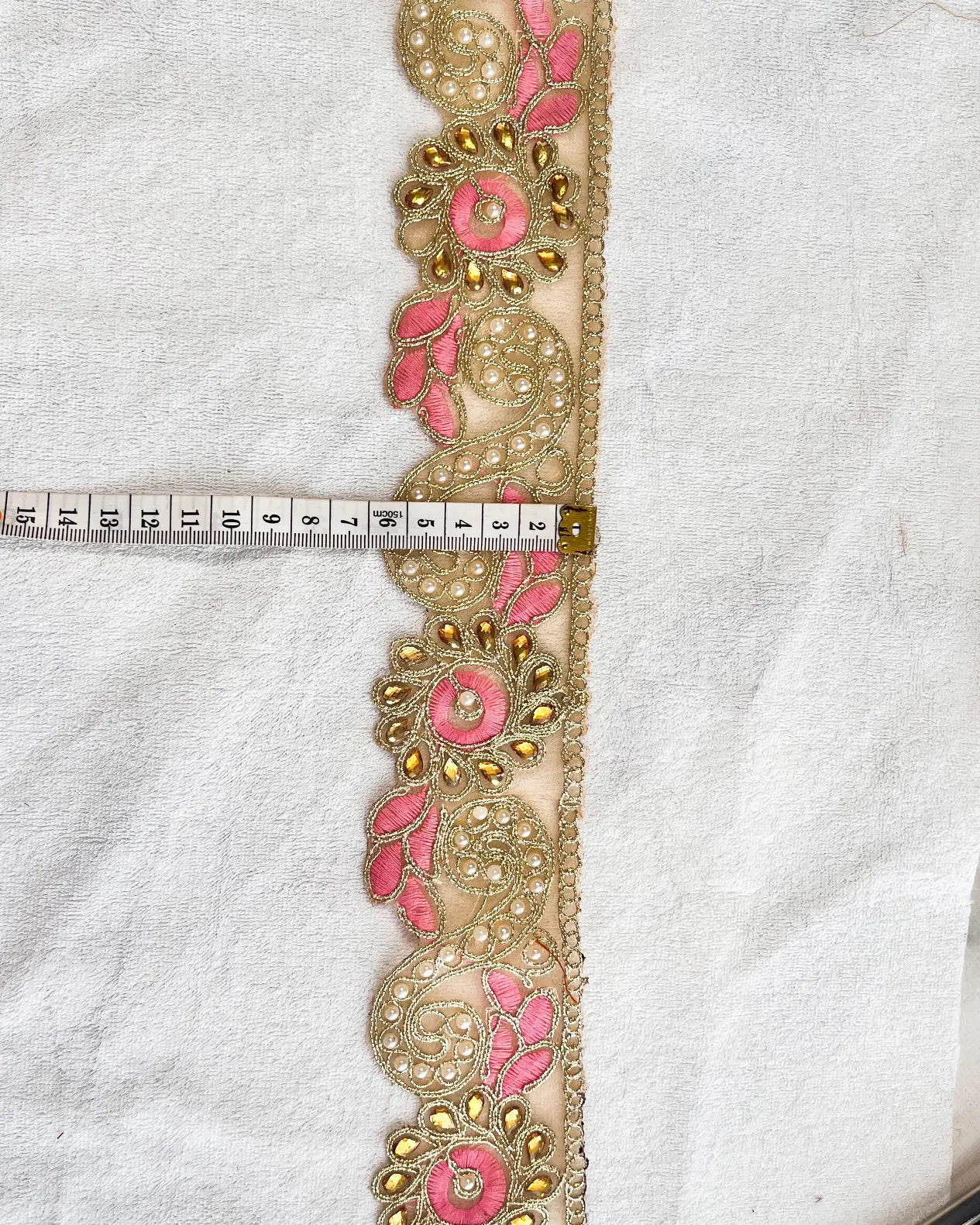 Golden Zari Lace with Intricate design With Baby Pink Silk thread And White Pearl