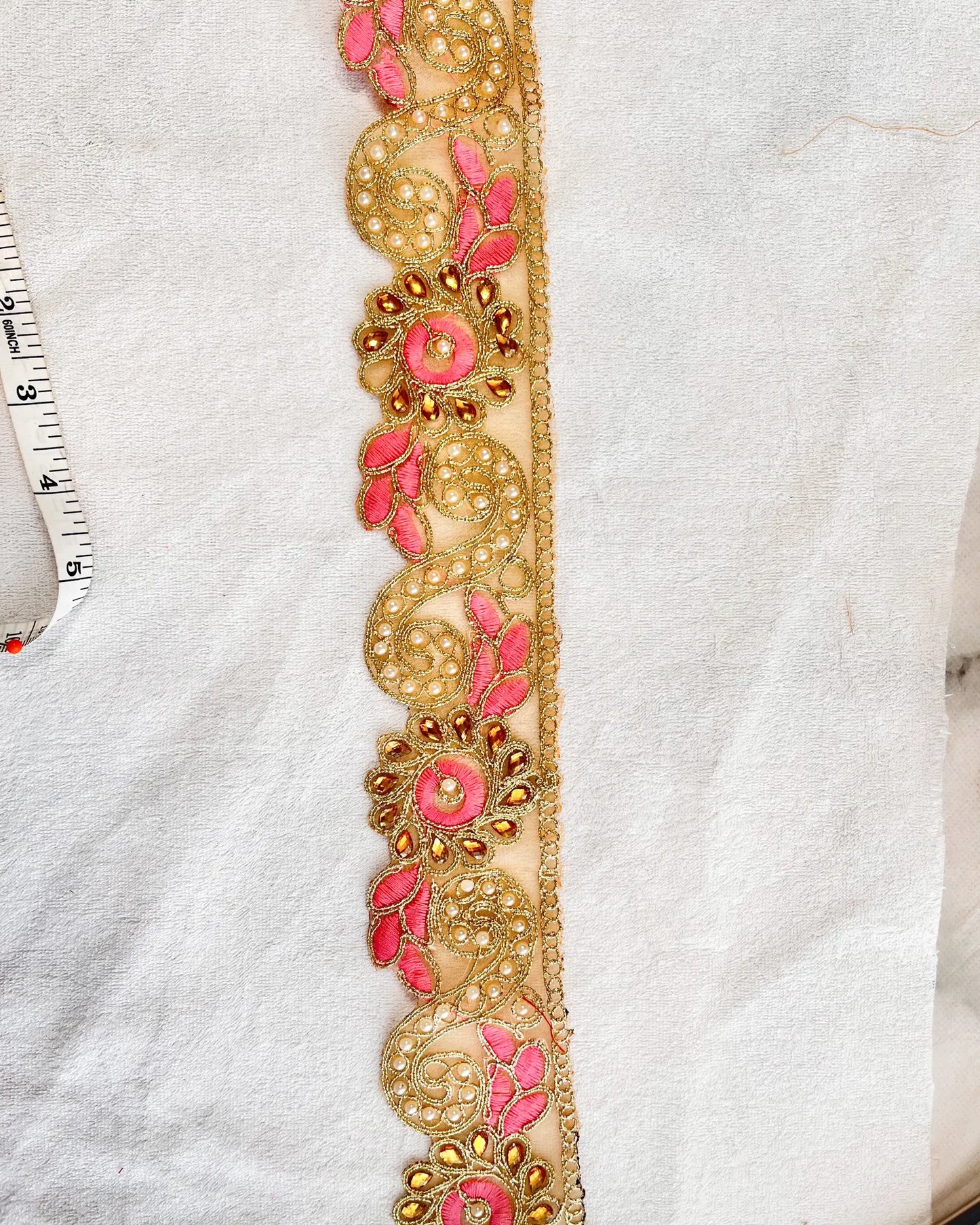 Golden Zari Lace with Intricate design With Baby Pink Silk thread And White Pearl