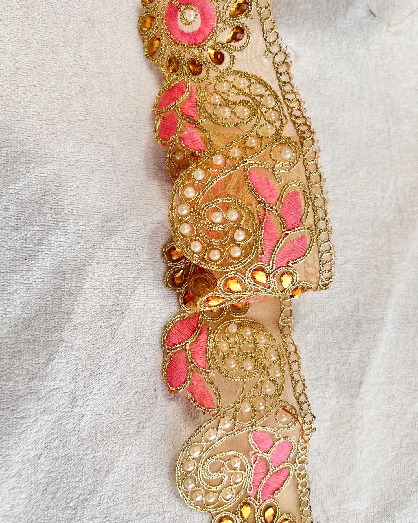 Golden Zari Lace with Intricate design With Baby Pink Silk thread And White Pearl