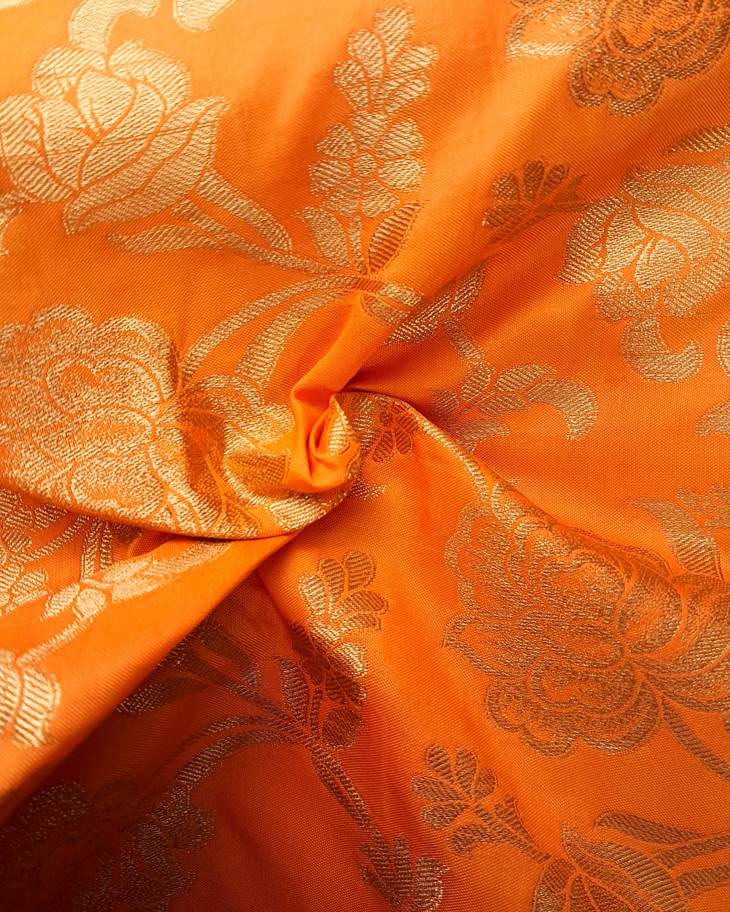 Vibrant Mustard Colored Golden Flower Zari Design Silk Fabric