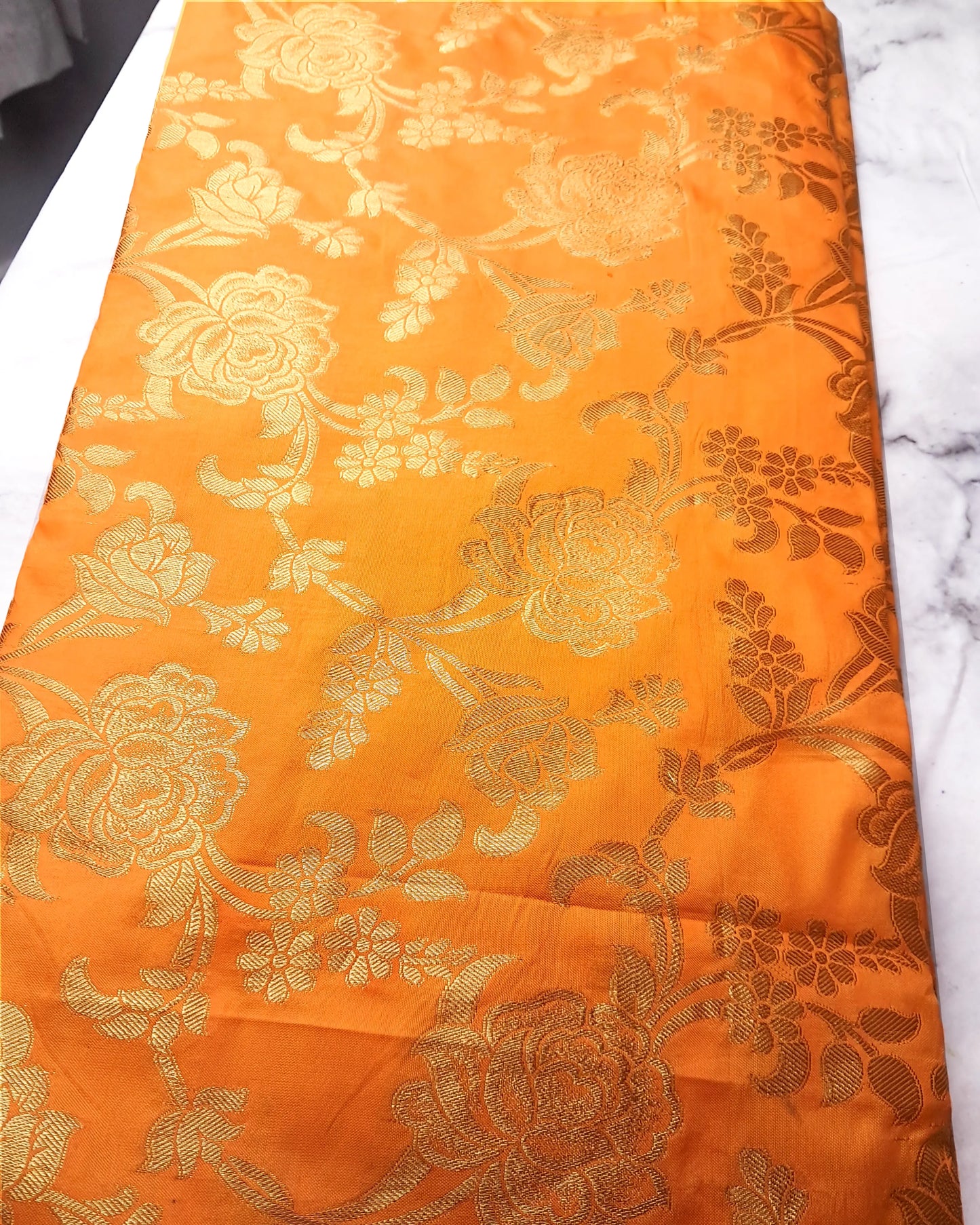 Vibrant Mustard Colored Golden Flower Zari Design Silk Fabric