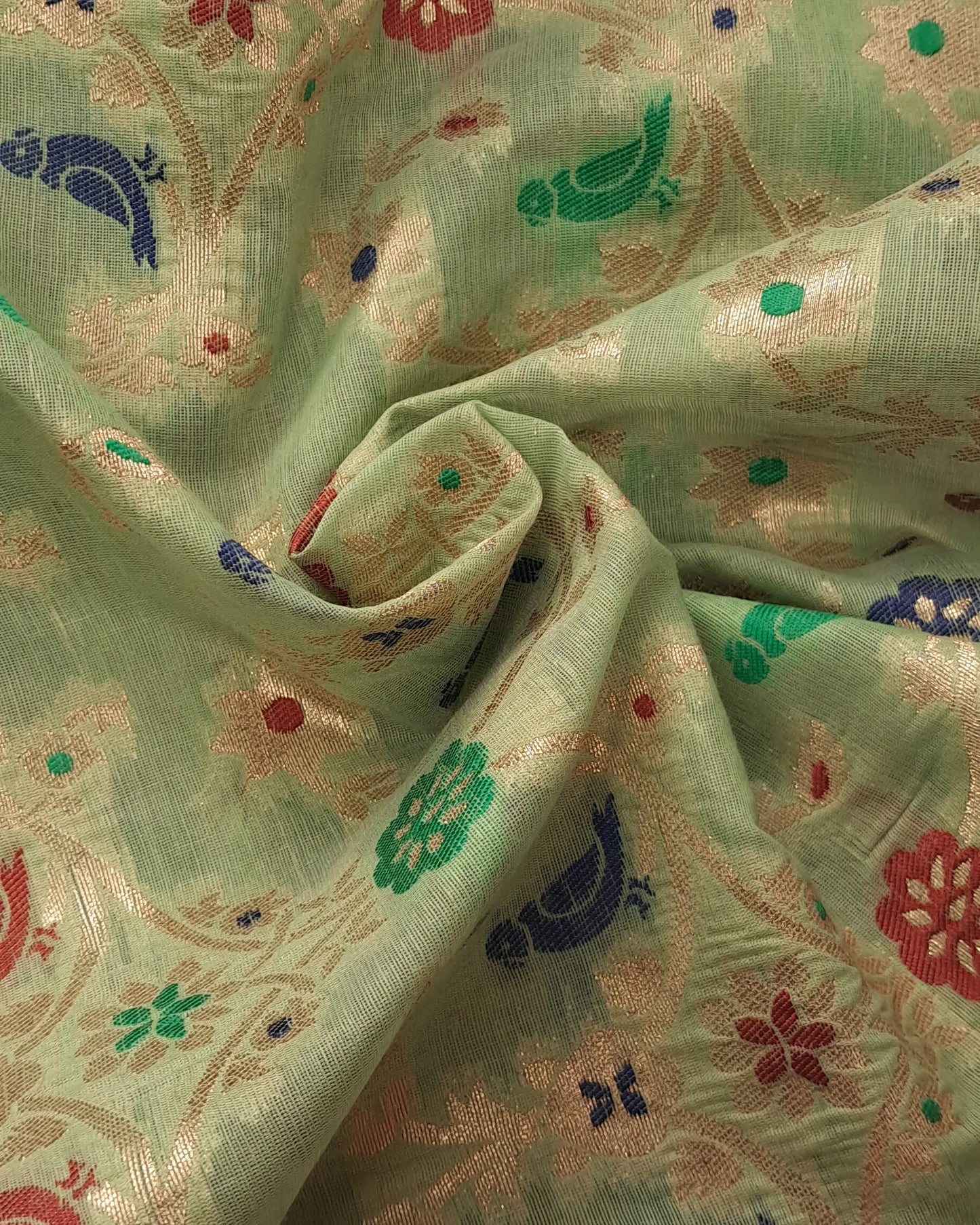 Luxurious Light Olive Green Brocade with Golden Zari Motifs