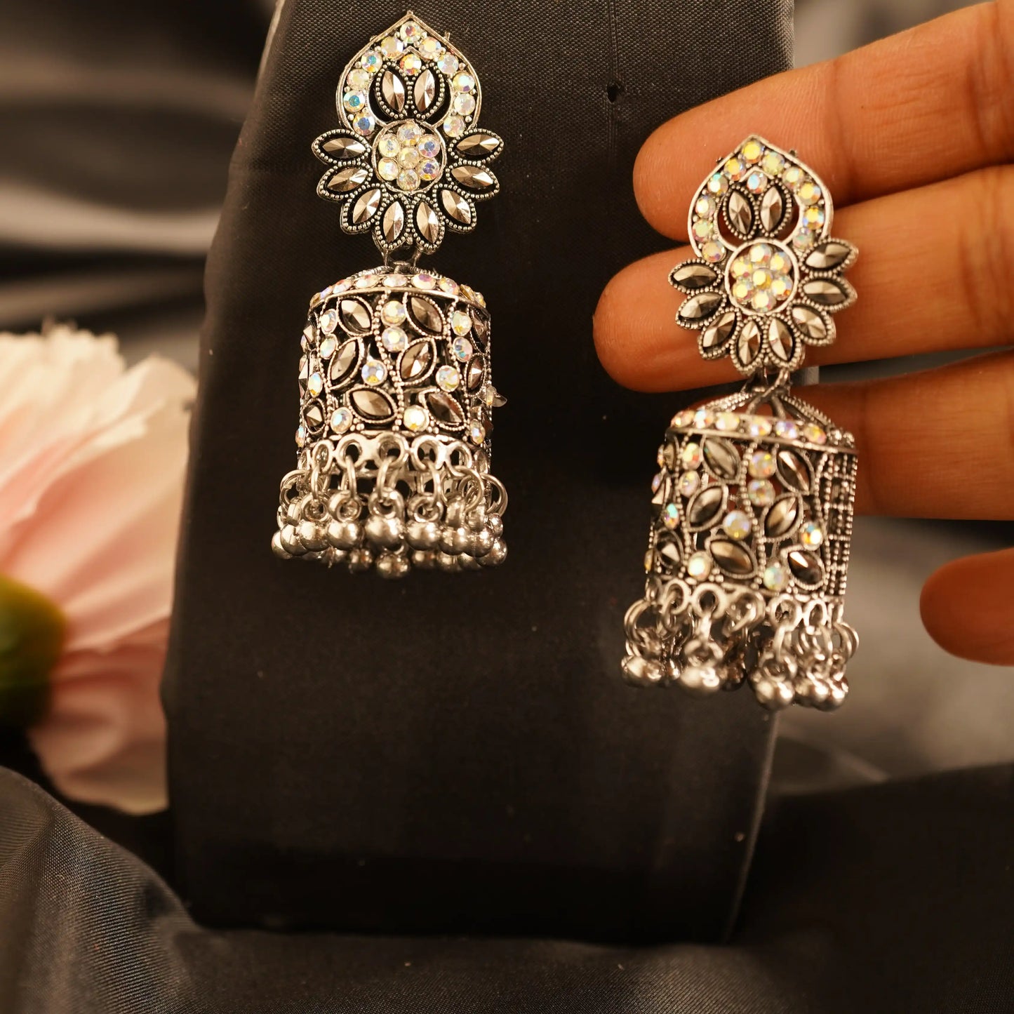 Silver Stone Embedded Jhumka Artificial