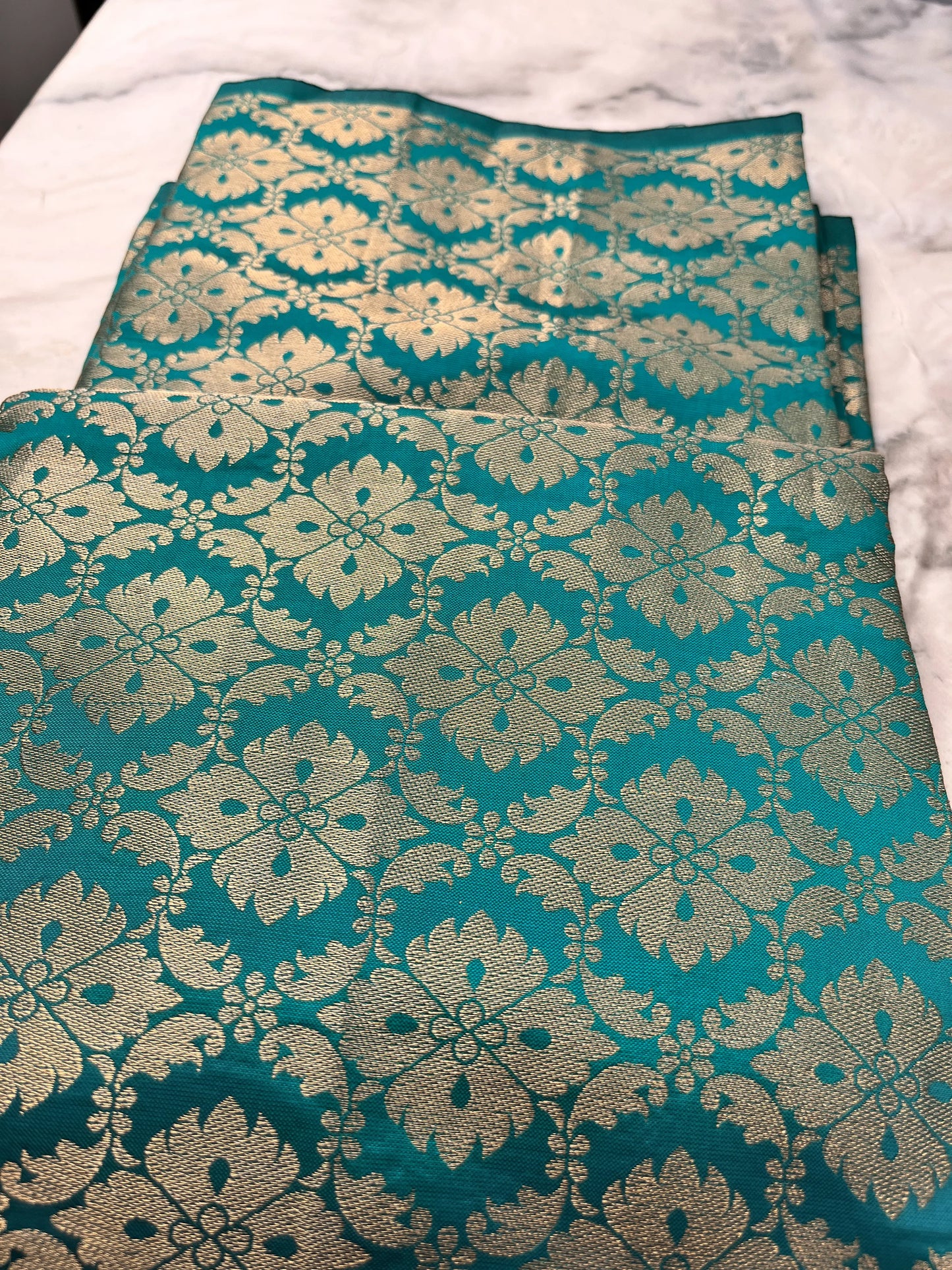 Teal Green Designer Brocate Fabric with golden Zari motif