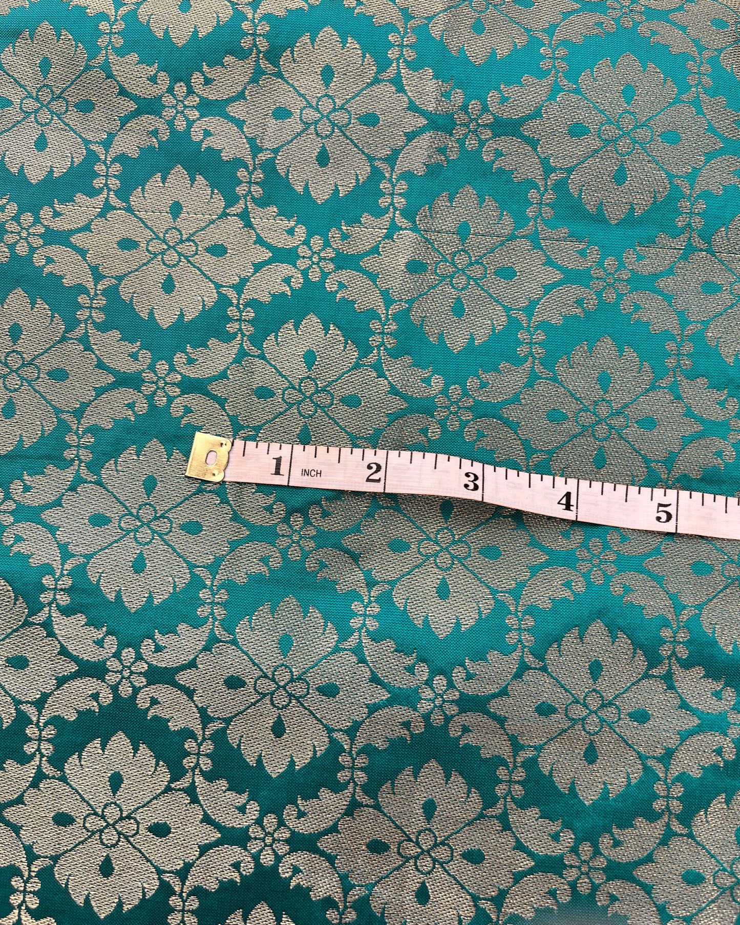 Teal Green Designer Brocate Fabric with golden Zari motif
