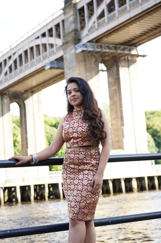 Silk Maroon Floral pencil skirt and Blouse set