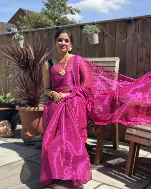 Fuchsia Pink Plain Silk Saree